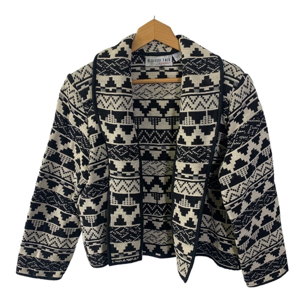 Bedford Fair Lifestyles Women’s Woven Jacket Black Cream Southwest Tapestry.